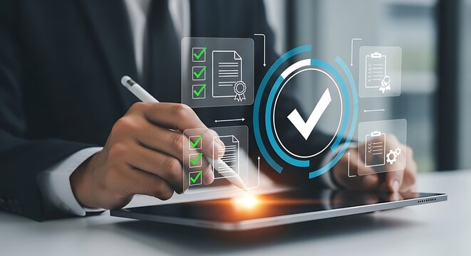 Business professional using a tablet to verify and approve digital data with a glowing checkmark icon representing quality assurance and successful completion of tasks