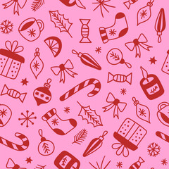 Winter seamless pattern of seasonal linear elements on a pink background. Red and pink colors. Christmas hand drawn print. Vector retro illustration
