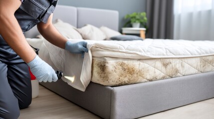 Professional pest control worker inspecting mattress for bed bugs, mold, and signs of infestation in bedroom