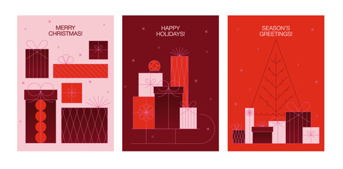 Obraz premium Modern Christmas Greeting Cards Set in Geometric Line Art Style. Minimal Holiday Illustrations with Presents, Gift Boxes, Sleigh, Xmas Tree and Festive Elements. Vibrant Seasonal Vector Designs.