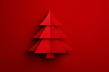 Red christmas tree creating paper craft minimalism shape, flat design promoting holiday season celebration