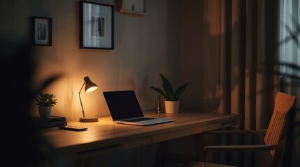 Home office with warm lighting – cozy workspace setup, modern remote work interior, productive desk environment