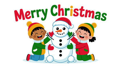 Joyful Christmas Greetings: Two children, filled with glee, lovingly embrace a charming snowman, all beneath the merry words of Christmas, spreading warmth and holiday cheer.