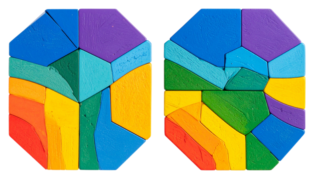 Two octagonal painted abstract art pieces with bold, layered colors and textured surfaces