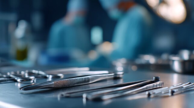 Sterile surgical instruments on an operating table during a medical procedure with surgeons working in the background - Powered by Adobe