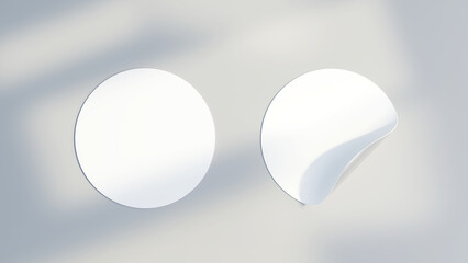 Empty circle sticky tag label mockup. Blank white round stickers with bent corner. Mock up template. 3d illustration