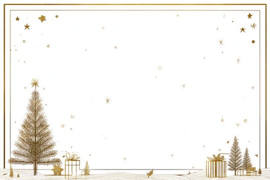 Festive Winter Landscape with Gold Christmas Tree, Stars, and Gifts