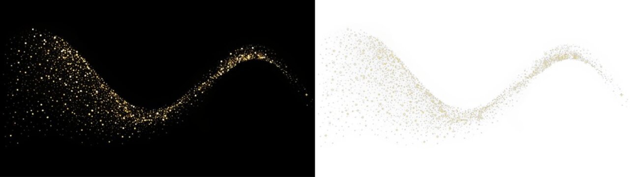 Golden particle stream. Soft curved trail with bright glowing dust on dark background and transparent background. Isolated illustration with PNG overlay