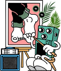 Quirky Cartoon Robot Character Painting a Human Feet Still Life. Fun Retro Pop Art Illustration with Art Studio Vibe, Surreal Subject, and Bright Colors perfect for Art School Branding, Hobby Graphic