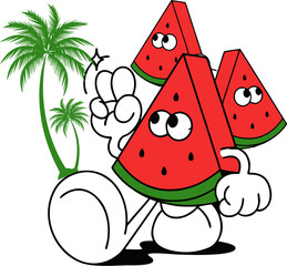 Quirky Cartoon Watermelon Character Giving Peace Sign. Fun Retro Pop Art Illustration with Tropical Palm Tree Background perfect for Summer Holiday Apparel Print, Beach Graphic, or Happy Sticker