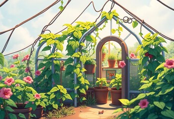 Tiny anime greenhouse, vines overflowing, retro cartoon style,   background,   art