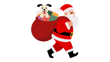 Santa's Christmas Surprise: Santa Claus, a symbol of Christmas spirit, strolls with a sack full of gifts and a cute dog, embodying the joy and anticipation of the holiday season. 