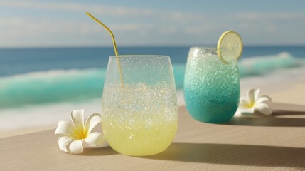 Beachside Sparkling Drinks with Glasses, Lemon Slice, and Plumeria Flowers