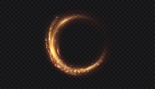 A glowing gold ring with sparkling particles of bright glitter. A glowing circular trail with a warm shimmer for overlays. A lighting effect for dark backgrounds.