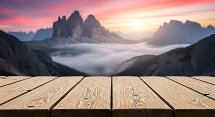 Wooden table with view of mountain range landscape