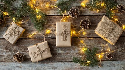 Rustic christmas presents on wooden background, flat lay composition with festive lights, pine cones, and fir branches