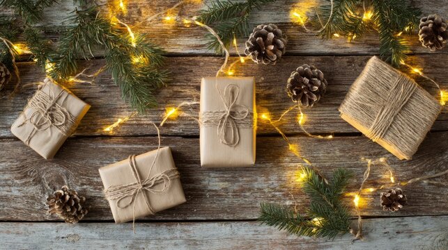 Rustic christmas presents on wooden background, flat lay composition with festive lights, pine cones, and fir branches - Powered by Adobe
