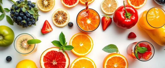 Vibrant fruits & refreshing drinks displayed on a clean white background, fruit stand, drink stand