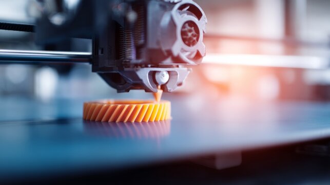 3d printer nozzle extruding melted plastic filament, creating an industrial gear part in a modern manufacturing process
