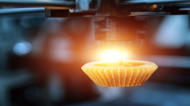 3d printer nozzle extruding material, building a complex yellow plastic part layer by layer, illuminated by a warm glow