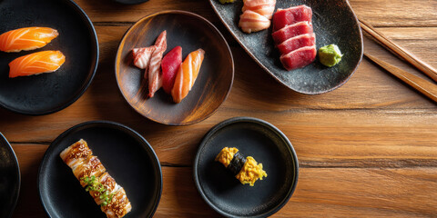 Salmon nigiri tuna sashimi sushi roll sea urchin nigiri wooden counter chopstick soy sauce wasabi