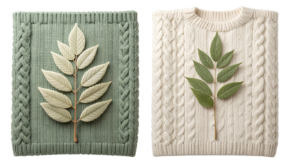 Knitted textiles, one green and one cream, each with a contrasting leaf