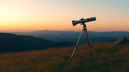 Telescope on grassy hilltop at sunset overlooking mountains