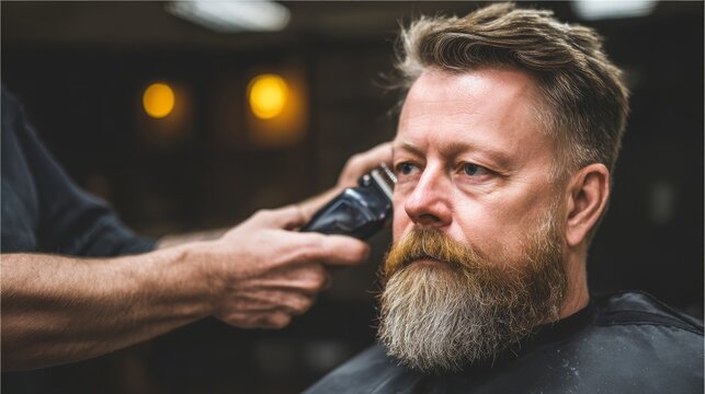 Man receiving professional haircut and beard trim in a barbershop, focusing on grooming and men's style