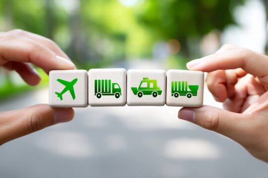 Hands holding wooden blocks with green transport icons representing sustainable logistics and eco friendly delivery solutions