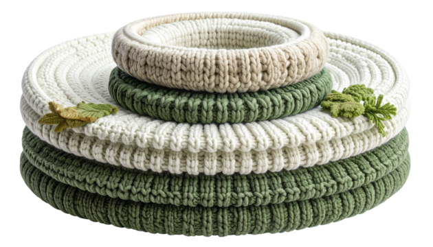 Knitted round objects stacked, showcasing textures and shades of green and cream