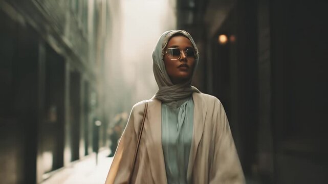 A woman in a hijab and sunglasses walks down a city street with tall buildings. The scene is softly lit with a cinematic feel, focusing on her confident stride