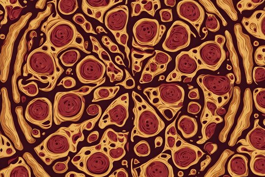 Seamless Abstract Pizza Pattern Background. Colorful Organic Cutout Shapes In Red And Yellow Tones, Black Background. Stylized Pizza Slices Food Illustration For Wallpaper