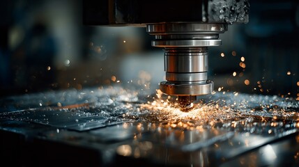 Precision engineering in action as a CNC machine creates sparks and intricate details on metal surfaces.