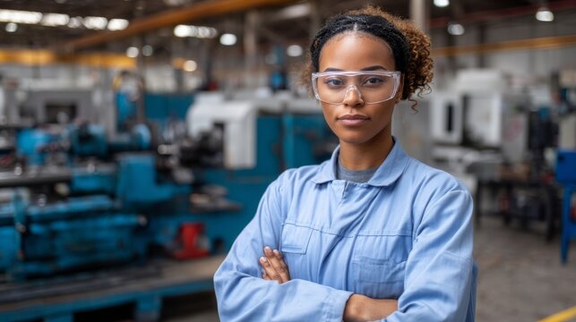 Young black woman working in a busy factory, showing professionalism and expertise in skilled trades and technical fields