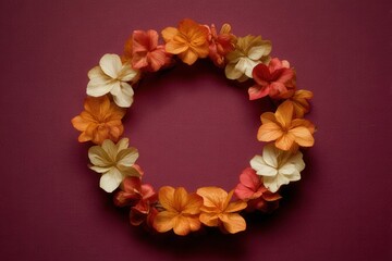 Autumn Wreath of Intertwined Flowers in Warm Colors on a Rich Background