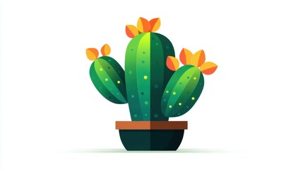 Geometric Flat Illustration of a Cactus with Vibrant Flowers in a Decorative Pot