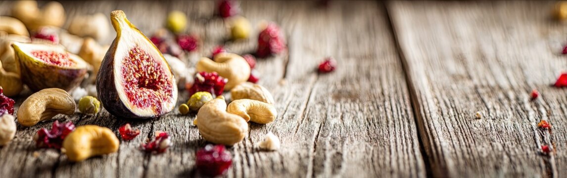 Dried Figs Cashews And Cranberries On Rustic Wooden Table - Powered by Adobe