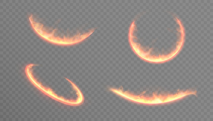 Fiery glowing arcs with fiery edges on a transparent background. Fiery arcs with bright flame effects for magical overlays and dynamic effects. 
