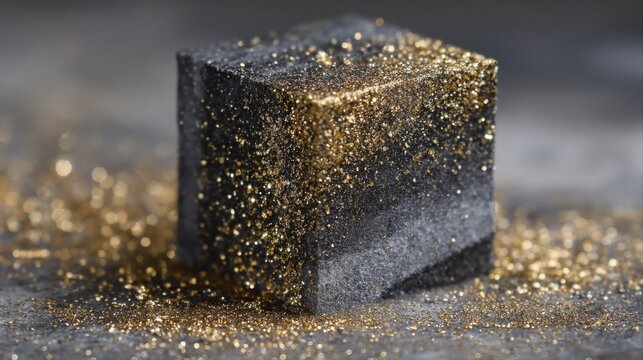 Sparkling Golden Glitter Cube on Dark Textured Background