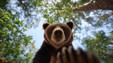 Grizzly Bear Close-Up with Powerful Paws and Prominent Snout in Natural Habitat