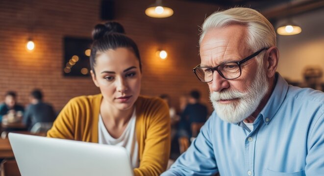 Collaborative Learning: A young woman and a senior man intently focused on a laptop screen, collaborating in a cozy indoor setting, sparking curiosity. 