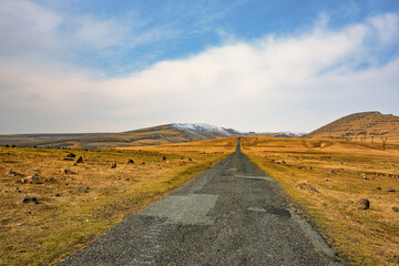A road in the middle of a desert with a blue sky above