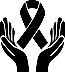 Hands holding a ribbon of support and awareness art silhouette icon