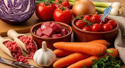 Culinary Composition: A vibrant array of fresh, raw ingredients awaits preparation, featuring juicy tomatoes, tender carrots, aromatic garlic, and succulent ground meat.