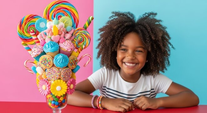 Sweet Delight: A joyous child beams with delight as they pose beside a vibrant arrangement of colorful candies and sweets, representing sugary sweetness and delightful childhood pleasures.