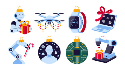Fototapeta premium Technology Ornaments: A festive illustration of various technology-themed Christmas ornaments. Capturing a blend of holiday cheer with a technological twist.