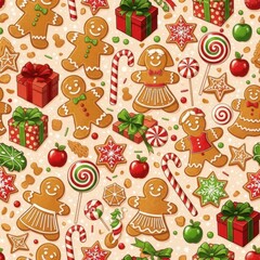 Naklejka premium Holiday Sweets: Festive gingerbread men, candy canes, and gift boxes create a sweet and cheerful holiday scene, perfect for spreading joy and warmth.