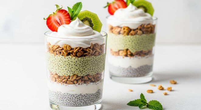 Vibrant Parfait Delight: Two refreshing glass cups, layered with chia seed, granola, green kiwi, and whipped cream, each garnished with a fresh slice of kiwi and a ripe strawberry. - Powered by Adobe
