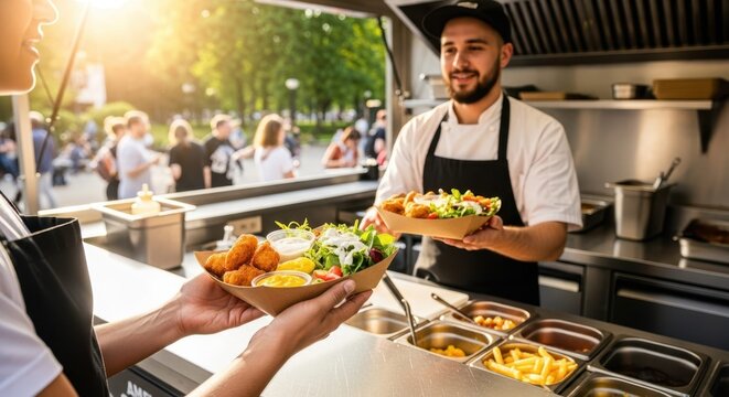 Culinary Delight: Food truck vendor serving fresh, appetizing meals, the aroma of delicious food tantalizes the senses.  