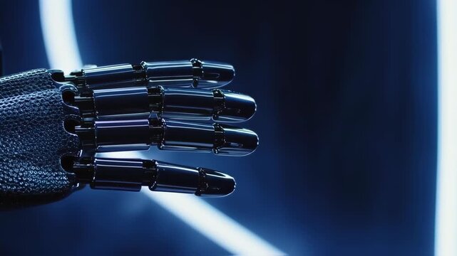Close-up of a metallic robot hand, with segmented fingers, in a dark, blue-toned environment